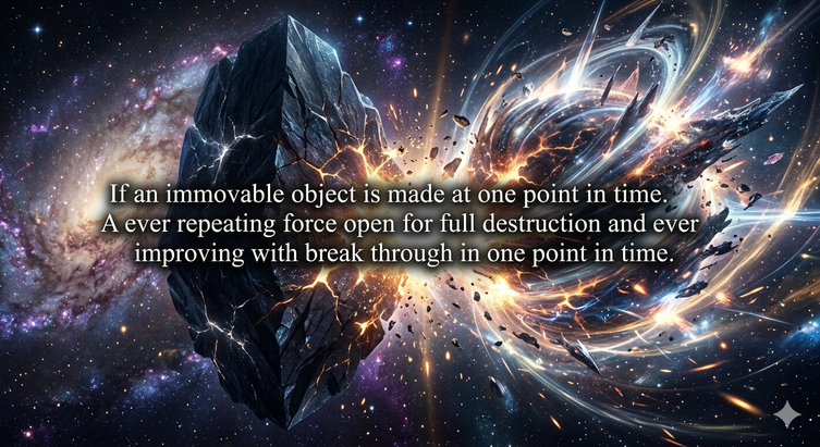 If an immovable object is made at one point in time. A ever repeating force open for full destruction and ever improving with break through in one point in time